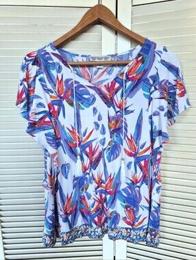 Vintage America White Floral V-Neck Flutter Sleeve Top Size Medium